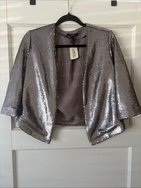 Forever 21 Silver Sequin Cropped Open-Front Jacket